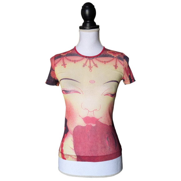 Vivienne Tam Buddha 90s Y2K Mesh Short Sleeve Top Size XS Small Rare Nylon Red - Picture 6 of 11
